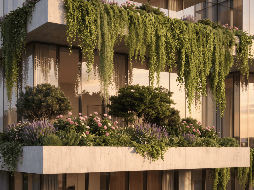 agency advisory services Living wall balcony detail in warm light,